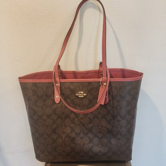 Coach Reversible City Tote Pink Brown Canvas PVC With Coach Signature Style - Picture 2 of 13